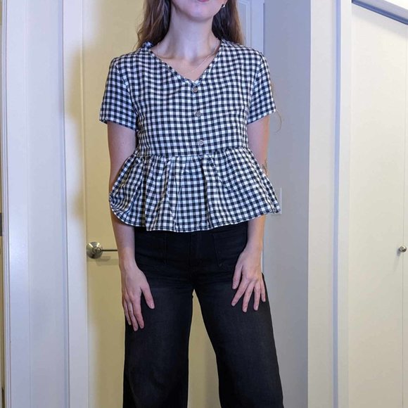 ⚡ Cotton-Blend Gingham Blouse with Wooden Buttons *flaw* Picnic Cottagecore Vibe - Picture 1 of 6
